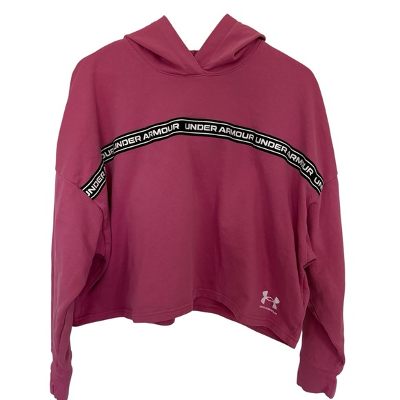 Under Armour Tops - Under Armour Rival Terry Pink Cropped Hoodie XL Tape Logo EUC